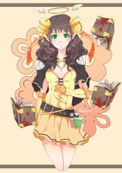 1girl alternate_color angel_wings bell belt black_belt black_cape black_hair blood_on_book blush book breasts cape closed_mouth commentary corked_bottle cowboy_shot creator_(ragnarok_online) curly_hair dress english_commentary floating floating_book floating_object fur_gloves gloves green_eyes hair_bell hair_ornament halo highres jingle_bell long_hair looking_at_viewer medium_breasts open_book pointy_ears potion ragnarok_online smile solo squaffle1 traditional_halo vial wings yellow_dress yellow_gloves yellow_halo