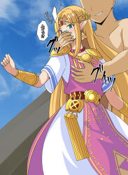 !? 1boy 1girl appie555 bald_male blonde_hair blue_eyes blue_sky chloroform convenient_censoring dress drugged earrings evil_smile groping highres imminent_rape japanese_text jewelry long_hair motion_lines nervous nintendo pointy_ears princess princess_zelda sky smile speech_bubble super_smash_bros. the_legend_of_zelda the_legend_of_zelda:_a_link_between_worlds tiara translation_request triforce