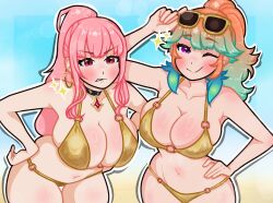 2girls absurdres alternate_costume blush breasts earrings feather_earrings feathers fushide gradient_hair green_hair highres hololive hololive_english jewelry large_breasts long_hair looking_at_viewer mori_calliope multicolored_hair multiple_girls open_mouth orange_hair pink_hair purple_eyes smile takanashi_kiara virtual_youtuber yuri