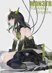 Rule 34 | 1girl, absurdres, ahoge, aqua hair, arknights, bare shoulders, black boots, black hair, black jacket, boots, character name, closed mouth, clothes down, english text, feijiu, from side, green eyes, green hair, grey background, highres, huge ahoge, jacket, knee boots, looking ahead, material growth, medium hair, mon3tr (arknights), multicolored hair, oripathy lesion (arknights), profile, sitting, solo, wariza