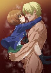 1boy 1girl absurdres blush brown_eyes brown_hair censored clothed_female_nude_male clothed_sex dark-skinned_male dark_skin girls_und_panzer hetero highres hug lifting_person mosaic_censoring nishizumi_miho nude penis sex sirano standing standing_sex suspended_congress sweat