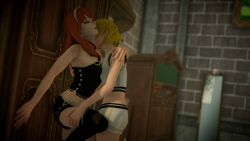 2girls 3d black_shorts black_thighhighs black_tube_top blonde_hair braid cabinet celica_(fire_emblem) door earrings exaltedbrand fire_emblem fire_emblem_echoes:_shadows_of_valentia fire_emblem_warriors highres jewelry kiss kissing_neck leg_lift lianna_(fire_emblem) long_hair multiple_girls nintendo official_alternate_costume orange_eyes orange_hair princess red_eyes red_hair short_hair shorts strapless tank_top thighhighs tiara tube_top white_shorts white_tank_top yuri