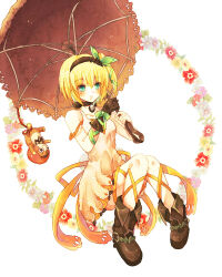 1girl bare_shoulders black_choker blonde_hair blue_eyes boots brown_boots brown_hairband brown_umbrella choker commentary_request dress edna_(tales) expressionless flower full_body gloves green_ribbon hair_ribbon hairband holding holding_umbrella knees_together_feet_apart knees_up leg_ribbon mano_(mari-non99) normin_(tales) parted_lips partial_commentary phoenix_(tales) ribbon short_hair side_ponytail simple_background single_glove sleeveless sleeveless_dress solo strap_slip tales_of_(series) tales_of_zestiria umbrella white_dress