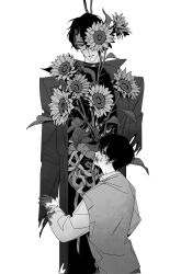 2boys bags_under_eyes benkdjjituibot black_coat black_eyes black_hair black_shirt blood blood_on_clothes blood_on_face blood_on_hands cannibalism coat curtained_hair flower grey_vest greyscale head_tilt height_difference highres intestines looking_at_another looking_back monochrome multiple_boys multiple_scars oldest_dream omniscient_reader&#039;s_viewpoint one_eye_covered open_mouth organs popped_collar reaching reaching_towards_another scar scar_on_face secretive_plotter severed_arm severed_limb shirt short_hair sunflower too_many_flowers vest white_shirt