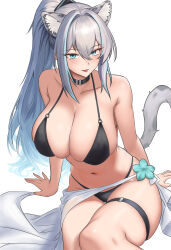 1girl bare_arms bare_shoulders bikini black_bikini black_choker breasts choker cleavage closed_mouth collarbone commentary commission english_commentary extra_ears halterneck highres large_breasts long_hair looking_at_viewer navel o-ring o-ring_bikini o-ring_top original ponytail sarong sidelocks simple_background sitting skindentation smile snow_leopard_ears snow_leopard_tail solo song-hwaryeong stomach string_bikini swimsuit thigh_strap thighs tongue tongue_out very_long_hair white_background white_hair