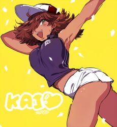1girl :d arm_behind_head armpits ass baseball_cap big_hair black_shirt blush breasts brown_eyes brown_hair character_name confetti cowboy_shot curvy dark-skinned_female dark_skin ekubo_(ciaobero) from_side furrowed_brow genderswap genderswap_(mtf) hair_over_one_eye hands_out_of_frame hat kai_yuujirou large_breasts looking_afar looking_back medium_hair midriff open_mouth outstretched_arm shiny_lips shiny_skin shirt short_shorts shorts simple_background sleeveless sleeveless_shirt smile solo tennis_no_ouji-sama two-tone_hat white_shorts yellow_background