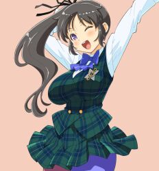 1girl aria_(senran_kagura) arm_behind_head black_hair black_ribbon blue_bow blue_bowtie blush bow bowtie breasts commentary haganemaru_kennosuke hair_ribbon jumping large_breasts leggings long_hair long_sleeves looking_at_viewer midair musical_note one_eye_closed open_mouth pink_leggings plaid_clothes plaid_skirt plaid_vest ponytail purple_eyes purple_leggings ribbon school_uniform senran_kagura senran_kagura_new_wave shirt shuriken_print simple_background skirt smile solo two-tone_leggings vest white_shirt