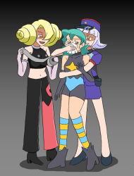 Rule 34 | 3girls, aged down, annie (pokemon), armpits, bare shoulders, blonde hair, chloroform, cosplay, double bun, green hair, hair bun, hair over one eye, highres, jenny (pokemon), jenny (pokemon) (cosplay), kidnapped, long glove, marble (pokemon), multiple girls, navel, nintendo, official alternate costume, orange eyes, pokemon, pokemon (anime), pokemon (classic anime), pokemon dp059, pokemon heroes: latios &amp; latias, purple hair, shoes, skin tight, spandex, striped clothes, striped thighhighs, tank top, tape, thighhighs