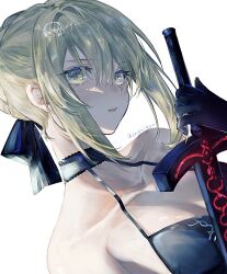 1girl artoria_pendragon_(fate) bare_shoulders black_dress blonde_hair braid breasts cleavage dress excalibur_morgan_(fate) fate/grand_order fate_(series) gothic_lolita hair_bun hair_ribbon highres lolita_fashion looking_at_viewer medium_breasts nigiri ribbon saber_alter short_hair single_hair_bun solo sword unfinished weapon yellow_eyes