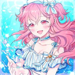 Rule 34 | 0202ase, 1girl, :d, absurdres, beret, blush, bow, breasts, bubble, choker, cleavage, collarbone, fang, frills, hat, highres, long hair, looking at viewer, momoi airi, open mouth, pink eyes, pink hair, project sekai, smile, solo, two side up, underwater, upper body