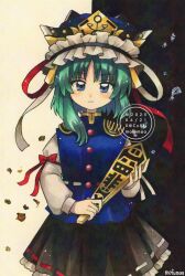 Rule 34 | 1girl, artist name, asymmetrical hair, blue eyes, blue vest, blush, bow, closed mouth, commentary, dated, epaulettes, frilled hat, frills, green hair, hashtag-only commentary, hat, highres, long sleeves, looking at viewer, maa (forsythia1729), red bow, ribbon-trimmed skirt, ribbon trim, rod of remorse, shiki eiki, sleeve bow, solo, touhou, traditional media, twitter username, vest, watermark