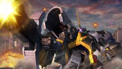 absurdres battle beam_cannon building cloud cloudy_sky company_name copyright_notice debris dusk dust_cloud energy_beam explosion firing gundam gundam_battle_operation_2 gundam_u.c._engage highres holding holding_weapon lens_flare machinery mecha mecha_focus mobile_suit mushika no_humans official_art one-eyed painting_(medium) pink_eyes realistic robot scan science_fiction sky solo sunrise_(company) tenjin_hidetaka titans_(gundam) traditional_media weapon window