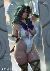 1girl arm_up artnip bishoujo_senshi_sailor_moon breasts doorway gloves green_eyes green_hair kaiou_michiru large_breasts leotard ribbon sailor_neptune solo thick_thighs thighs wavy_hair
