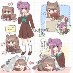 Rule 34 | 2girls, :&lt;, anger vein, animal ears, aqua neckerchief, arrow (symbol), blank eyes, blanket, blush stickers, broken cup, brown dress, brown hair, brown shoes, cat, cat ears, cat girl, cat tail, chibi, closed eyes, closed mouth, commentary request, covering with blanket, cup, dress, drooling, feral instincts, frown, fujishima megumi, green eyes, hair bun, hasu no sora school uniform, jitome, link! like! love live!, loafers, lone nape hair, long hair, long sleeves, looking at another, love live!, medium dress, mouth drool, multiple girls, multiple views, neckerchief, no mouth, otomune kozue, pleated dress, purple eyes, purple hair, sailor collar, sailor dress, school uniform, shoes, side ponytail, sidelocks, single side bun, socks, speech bubble, spoken anger vein, squatting, standing, tail, tail wagging, translation request, two side up, u u, virtual youtuber, white sailor collar, white socks, winter uniform, yoon (yoon lovelive), zzz
