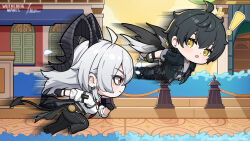 ! 1boy 1girl bags_under_eyes black_gloves black_hair black_horns black_jacket black_pants black_tail chibi chibi_only commentary curled_horns demon_tail earrings english_commentary flying gloves grey_hair highres horns jacket jewelry key_earrings logo looking_ahead looking_at_another male_rover_(wuthering_waves) mole mole_under_eye official_art pants red_eyes rover_(wuthering_waves) running shirt tail white_shirt wuthering_waves yellow_eyes zani_(wuthering_waves)