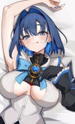 1girl :q arm_up blue_bow blue_eyes blue_gemstone blue_hair blue_nails bow breasts breasts_apart detached_sleeves gem h4kuuua_0 hair_intakes heart-shaped_gem highres hololive hololive_english large_breasts looking_at_viewer lying on_back ouro_kronii ouro_kronii_(1st_costume) shirt single_detached_sleeve solo tongue tongue_out virtual_youtuber white_shirt