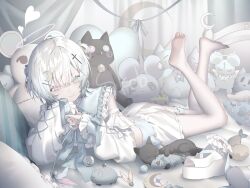 1girl absurdres animal ball barefoot blue_eyes cat commentary_request commission crescent crescent_hair_ornament cross_hair_ornament curtains feet feet_up fish frilled_shirt_collar frills full_body hair_ornament halo heterochromia highres holding holding_animal holding_cat_teaser holding_fish indoors kotarou_(kot_mochi) lying melting_halo mouse_(animal) nail_polish on_bed on_stomach original pale_skin pink_eyes shirt shoes skeb_commission soles solo stuffed_animal stuffed_cat stuffed_mouse stuffed_toy the_pose thigh_strap unworn_shoes white_halo white_shirt
