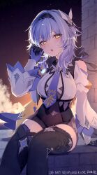 1girl absurdres asymmetrical_hair black_boots black_gloves blue_gloves blue_hair blue_necktie boots breasts commentary eula_(genshin_impact) genshin_impact gloves hand_up highres imasaki_kei long_sleeves looking_up medium_hair necktie outdoors parted_lips sitting solo thigh_boots twitter_username two-tone_gloves yellow_eyes