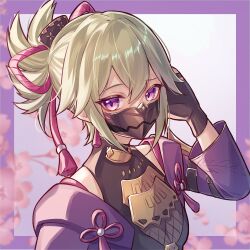 Rule 34 | 1girl, absurdres, arm up, black gloves, border, cherry blossoms, cropped jacket, genshin impact, gloves, green hair, hair between eyes, hair ornament, highres, jacket, kuki shinobu, looking at viewer, mask, mouth mask, ninja mask, ponytail, purple border, purple eyes, purple jacket, red rope, rope, sleeveless, sleeveless turtleneck, solo, tassel, turtleneck, upper body, yuno kaihara