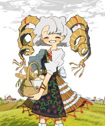 1girl ^_^ apron basket black_apron bracelet bread closed_eyes curled_horns facing_viewer farm feet_out_of_frame fence floral_print food frilled_skirt frills grass grey_hair grin highres holding holding_basket horns jewelry long_horns neruzou original outdoors print_apron sheep_horns short_sleeves skirt smile solo standing striped_clothes striped_skirt