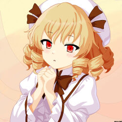 1girl blonde_hair blush bow dated dress drill_hair hat luna_child mist9801km open_mouth own_hands_together red_eyes solo touhou wings