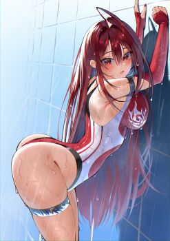 1girl :o absurdres against_wall ahoge arched_back ass breast_press breasts elbow_gloves elizabeth_rose_bloodflame elizabeth_rose_bloodflame_(holonatsu_paradise) fingerless_gloves gloves highres himeliofon hololive hololive_english huge_ahoge large_breasts long_hair one-piece_swimsuit red_eyes red_gloves red_hair red_one-piece_swimsuit solo swimsuit thigh_strap tile_wall tiles very_long_hair water wet