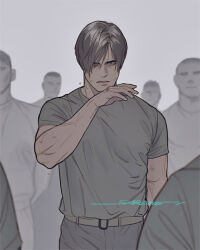 Rule 34 | 1boy, arm up, belt, belt buckle, brown hair, buckle, crew neck, grey background, grey belt, grey pants, grey shirt, leon s. kennedy, looking at viewer, male focus, pants, parted bangs, parted hair, parted lips, people, resident evil, sardine (kjr0313), shirt, shirt tucked in, short sleeves, solo focus, standing, sweat, veins, veiny arms, wiping face