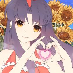 1girl apron artist_name breasts brown_eyes flower hair_ribbon heart heart_hands highres large_breasts long_hair looking_at_viewer naked_apron nakoruru purple_hair ribbon samurai_spirits snk solo sunflower the_king_of_fighters very_long_hair