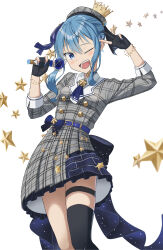 absurdres ascot asymmetrical_legwear belt beret blue_ascot blue_belt blue_choker blue_hair blue_nails bracelet choker crown cupt3277 gloves grey_hat hat highres hololive hoshimachi_suisei hoshimachi_suisei_(1st_costume) jacket jewelry mini_crown partially_fingerless_gloves plaid_clothes plaid_hat plaid_jacket star_(symbol) star_bracelet star_choker star_symbol_background virtual_youtuber white_background white_sleeve_cuffs