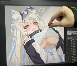 !? 1girl 1other :3 absurdres animal_ear_fluff animal_ears art_program_in_frame bandaid bandaid_hair_ornament belt_collar blonde_hair blue_nails blush breasts collar colored_inner_animal_ears dog_ears dog_girl fang fuwawa_abyssgard fuwawa_abyssgard_(1st_costume) hair_between_eyes hair_ornament hairclip highres hololive hololive_english large_breasts long_hair long_sleeves lucien_000298 multicolored_hair nail_polish pink_eyes pulling_another&#039;s_clothes sleeves_past_wrists streaked_hair sunglasses sweatdrop tongue two-tone_hair two_side_up virtual_youtuber
