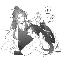 2boys anger_vein cheongmyeong_(return_of_the_mount_hua_sect) chinese_clothes clenched_hand clenched_teeth closed_eyes gahya00 greyscale hair_bun hair_ornament hair_ribbon hair_stick hanfu heart high_ponytail korean_commentary long_hair long_sleeves male_focus monochrome multiple_boys open_mouth ponytail return_of_the_mount_hua_sect ribbon simple_background smile speech_bubble spoken_anger_vein tang_bo_(return_of_the_mount_hua_sect) teeth thought_bubble upper_body