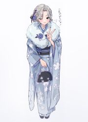 Rule 34 | 1girl, 2014, 2024, ;), absurdres, aegyo sal, artist progress, bag, before and after, blue kimono, blush, comparison, fingernails, floral print, forehead, full body, fur-trimmed kimono, fur trim, furisode, grey hair, hair bun, hamafugu, handbag, highres, holding, holding bag, japanese clothes, kimono, long fingernails, looking at viewer, medium hair, nail polish, obi, one eye closed, original, sash, simple background, single side bun, smile, solo, tabi, v, w, white background, wide sleeves