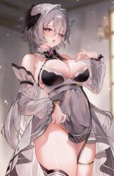 1girl asymmetrical_legwear black_bow black_bowtie black_wings bow bowtie breasts detached_collar detached_sleeves double-parted_bangs dress feathered_wings frilled_sleeves frills grey_dress grey_hair groin hair_between_eyes hair_intakes hand_on_own_chest head_wings heart heart_in_eye highres indie_virtual_youtuber large_breasts long_hair looking_at_viewer open_mouth pink_eyes richamu second-party_source shiny_skin single_thighhigh skirt_hold sleeveless sleeveless_dress solo symbol_in_eye thigh_strap thighhighs tongue tongue_out underbust utsuhostoria very_long_hair virtual_youtuber wings