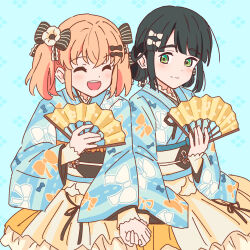 2girls 37.5c_no_fantasy :d ^_^ black_hair black_sash blue_background blue_kimono blunt_bangs blunt_sidelocks bow_print cerise_bouquet closed_eyes commentary double_bun folding_fan green_eyes hair_bun hand_fan highres hinoshita_kaho holding holding_fan holding_hands japanese_clothes kimono kimono_skirt link!_like!_love_live! long_sleeves love_live! medium_hair momose_ginko multiple_girls nogreen obi obiage obijime official_alternate_costume open_mouth orange_hair print_kimono sash sidelocks skirt smile twintails very_low_bun virtual_youtuber white_sash yellow_skirt