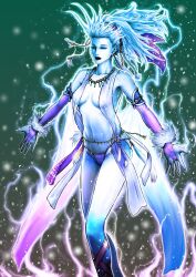 Rule 34 | 1girl, armlet, beaded hair ornament, bikini, bikini bottom only, blue hair, blue skin, breasts, bridal gauntlets, closed eyes, closed mouth, collarbone, colored skin, detached sleeves, earrings, electricity, final fantasy, fingernails, glowing, gradient background, harem pants, headscarf, highres, hoop earrings, jewelry, kuroi kazuhiro, leather ankle straps, lips, medium breasts, medium hair, navel, necklace, outstretched arms, pants, pointy ears, see-through clothes, sharp fingernails, shawl, shiva (final fantasy), snow, solo, starry sky print, swimsuit