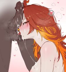 Rule 34 | 1boy, 1girl, absurdres, commentary, completely nude, cum, cum on body, cum on penis, dark-skinned male, dark skin, fellatio, genshin impact, heart, hetero, highres, interracial, licking, licking testicle, long hair, mavuika (genshin impact), multicolored hair, nude, oral, orange hair, red eyes, red hair, simple background, spoken heart, symbol-only commentary, testicles, two-tone hair, uncensored, urellur, very long hair, white background