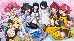 aiba_ami aiba_takumi anniversary bare_shoulders black_bra black_hair black_shirt black_skirt blonde_hair blue_camisole bra breasts brother_and_sister camisole card cherry_blossoms cleavage coat deck_of_cards digimon digimon_card_game digimon_story:_cyber_sleuth dress goggles goggles_on_head group_picture highres holding holding_card hood hooded_jacket jacket kamishiro_yuugo kamishiro_yuuko kneeling kuremi_kyouko long_hair medium_breasts miniskirt multicolored_hair open_clothes open_jacket open_shirt petals pink_jacket pleated_skirt red_hair sanada_arata sanada_makomi shiramine_nokia shirt short_hair siblings skirt trading_card twintails two-tone_hair underwear white_coat white_dress white_jacket white_shirt yellow_shirt