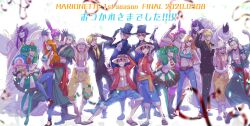 Rule 34 | 2girls, 6+boys, ann (one piece), bikini, bikini top only, black gloves, black hair, black suit, blonde hair, blue shorts, caesar clown, carrying, carrying person, charlotte cracker, commentary request, dated, facial hair, formal clothes, full body, gloves, goatee, green hair, green kimono, hair over one eye, hat, highres, japanese clothes, kimono, long hair, long nose, looking at viewer, monkey d. luffy, multiple boys, multiple girls, nami (one piece), one piece, one piece: stampede, pants, purple hair, red sash, red shirt, rico opps, roronoa zoro, sabo (one piece), sanji (one piece), sash, shirt, short hair, shorts, straw hat, straw hat pirates, suit, swimsuit, tony tony chopper, twintails, usopp, wristband, yellow sash