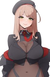 1girl absurdres black_jacket bodystocking breasts brown_eyes brown_hair commentary covered_navel crop_top cropped_jacket daydarion earrings emma_(nikke) emma_(tactical_upgrade)_(nikke) english_commentary goddess_of_victory:_nikke highres jacket jewelry large_breasts long_hair looking_at_viewer see-through_cleavage see-through_clothes simple_background solo white_background