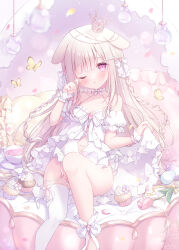 1girl :o animal_ears blonde_hair blush braid breasts bug butterfly chain cleavage clothing_cutout collarbone crown cup cupcake dress easter_egg egg flower food frilled_wrist_cuffs frills gold_chain hair_ribbon hanging_light head_chain highres insect jewelry knee_up long_hair looking_at_viewer mini_crown navel navel_cutout off-shoulder_dress off_shoulder omochi_monaka one_eye_closed original parted_lips pink_eyes pink_flower pink_tulip puffy_short_sleeves puffy_sleeves rabbit_ears rabbit_girl ribbon rubbing_eyes saucer short_sleeves single_ankle_cuff single_thighhigh sitting small_breasts solo teacup thighhighs tulip twitter_username very_long_hair white_dress white_ribbon white_thighhighs wrist_cuffs yellow_butterfly