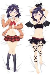 Rule 34 | 1girl, arm at side, armband, arms behind head, arms up, artist name, bare shoulders, black gloves, black gloves, black ribbon, black skirt, black wings, blush, bow, bowtie, breasts, cardigan, collared shirt, crop top, cross-laced clothes, cross-laced legwear, dakimakura (medium), demon girl, demon horns, demon wings, flustered, full body, gabriel dropout, gloves, groin, hair ornament, hairclip, hallelujah essaim, halterneck, highres, horns, kneehighs, knees together feet apart, leg ribbon, looking at viewer, lying, medium hair, midriff, miniskirt, multiple views, navel, no panties, non-web source, o-ring, o-ring top, on back, open cardigan, open clothes, open mouth, open shirt, open skirt, orange cardigan, parted bangs, parted lips, plaid clothes, plaid skirt, pleated skirt, purple eyes, purple hair, purple socks, red bow, red bowtie, red ribbon, ribbon, school uniform, shirt, signature, skirt, small breasts, socks, stomach, topknot, vignette tsukinose april, white shirt, wide-eyed, wings, x hair ornament