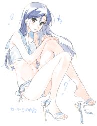 Rule 34 | 1girl, bare arms, bare legs, bikini, blue hair, blue neckerchief, blue sailor collar, brown eyes, commentary, full body, groin, hands on own knee, high heels, highres, idolmaster, idolmaster (classic), kisaragi chihaya, knees up, long hair, looking at viewer, navel, neckerchief, nozawa noko, parted lips, sailor bikini, sailor collar, sailor swimsuit (idolmaster), simple background, solo, sparkle, swimsuit, white background, white bikini