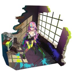 1girl :d blue_hair blush clothes_around_waist full_body game_cg girls&#039;_frontline girls&#039;_frontline_neural_cloud green_hair green_thighhighs highres holding holding_sword holding_weapon jacket jacket_around_waist knees_together_feet_apart looking_at_viewer neon_palette off_shoulder official_alternate_costume official_art onono_imoko open_mouth paint pink_hair puzzle_(neural_cloud) rebar rubble shirt smile solo standing sword television thighhighs third-party_source torn_clothes torn_thighhighs weapon white_shirt