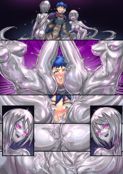 1boy 2girls :d absurdres armor ass blue_hair breasts colored_skin corruption glowing glowing_eyes grey_hair grey_skin highres ibenz009 medium_breasts mercury_(element) metal_skin mind_control multiple_girls neon_trim open_mouth original pink_eyes shiny_skin short_hair slime_(substance) smile squeezing_cheeks transformation yellow_eyes yuri