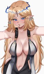 1girl absurdres bare_shoulders blonde_hair blue_eyes breasts cartethyia_(wuthering_waves) cleavage collarbone commentary crown_of_thorns earrings helldeer highres jewelry large_breasts lips long_hair looking_at_viewer navel o3o parted_bangs sideboob simple_background solo tacet_mark_(wuthering_waves) teardrop_earrings twitter_username very_long_hair white_background wuthering_waves