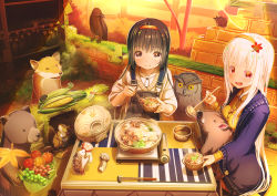 2girls aiuabo albino animal autumn bear bird black_hair blush breast_press breasts brown_eyes bug crow dragonfly dress eating food fox hairband hedgehog highres insect jacket long_hair medium_breasts multiple_girls open_mouth original outdoors overalls owl pig red_eyes sidelocks sitting smile soup squirrel white_hair