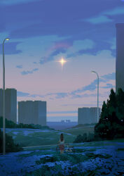 Rule 34 | apartment, bicycle, black hair, blue flower, blue sky, brown skirt, building, cloud, commentary, denis istomin, english commentary, evening, flower, forget-me-not (flower), from behind, gradient sky, grass, lamp, lamppost, long hair, meadow, medium skirt, orange sky, original, scenery, skirt, sky, star (sky), sun, too many flowers, tree, wide shot
