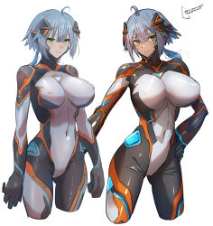 1girl ahoge artist_name black_bodysuit blue_hair bodysuit breasts cameltoe colossus_(natsukaze_shigure) covered_erect_nipples covered_navel cropped_legs giant giantess green_eyes grey_hair hair_between_eyes hand_on_own_hip highres impossible_bodysuit impossible_clothes large_breasts looking_at_viewer multiple_views natsukaze_shigure original science_fiction short_hair simple_background skin_tight smile white_background