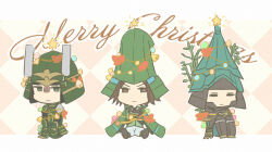 Rule 34 | 3boys, :|, = =, anegakoji yoritsuna (sengoku basara), armor, brown eyes, brown hair, checkered background, chibi, chibi only, christmas, closed mouth, gloom (expression), helmet, japanese armor, kabuto (helmet), looking at viewer, male focus, merry christmas, mouri motonari (sengoku basara), multiple boys, sengoku basara, shibata katsuie (sengoku basara), short hair, sitting, toruglose