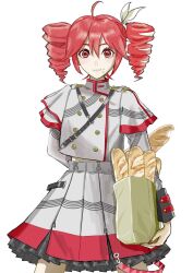 1girl ahoge arm_at_side arm_behind_back bag baguette belt black_belt black_sleeve_cuffs bow bread buttons commentary_request cowboy_shot double-breasted drill_hair food food_on_face grey_jacket grey_skirt hair_between_eyes hair_bow hair_ribbon highres jacket kasane_teto kasane_teto_(sv) layered_skirt layered_sleeves long_sleeves looking_at_viewer midriff_peek musical_staff musical_staff_print paper_bag red_belt red_hair red_skirt red_trim ribbon shoulder_boards simple_background skirt skirt_set smile solo striped_clothes striped_jacket striped_skirt synthesizer_v twin_drills ulixforgetmenot utau white_background white_bow white_ribbon